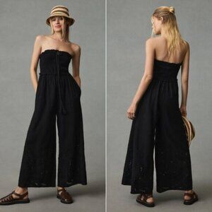 By Anthropologie Strapless Eyelet Jumpsuit Sz Medium‎ Black Chic Beach Pull On